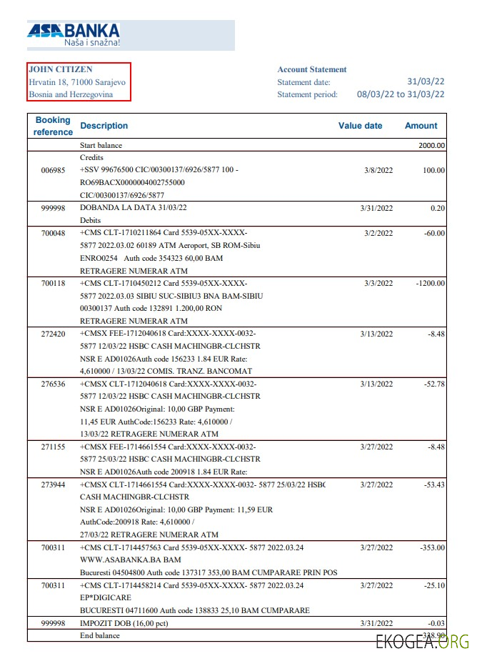 Bosnie Herzégovine Déclaration d'ASA Banka